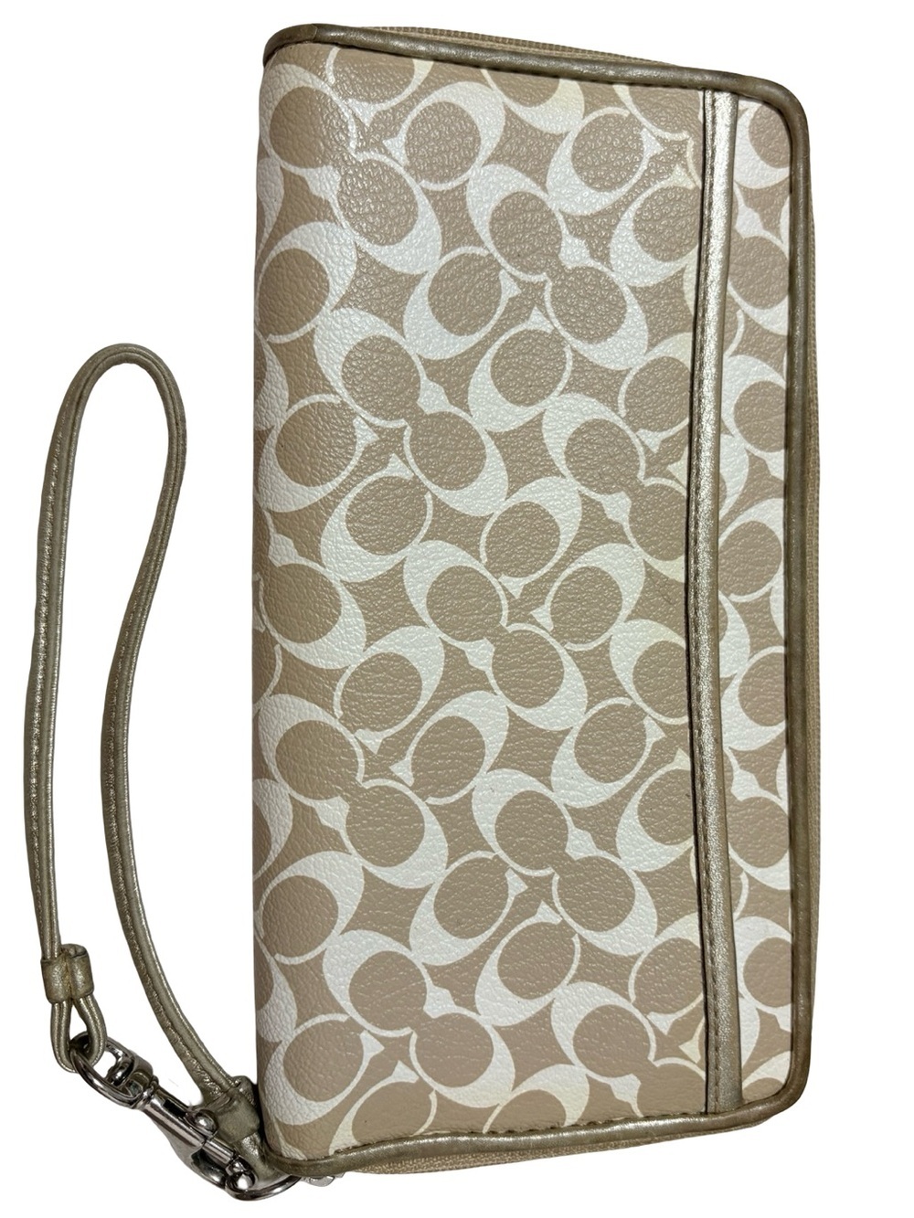 Coach Signature C Champagne Gold Zip Around Wristlet Wallet